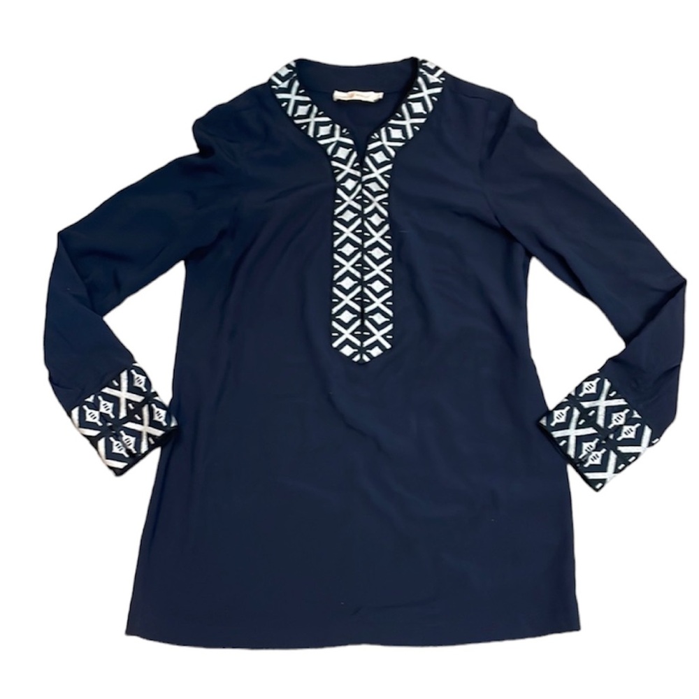 Tory Burch Tunic Top Ariana Navy White V-Neck Size 2
